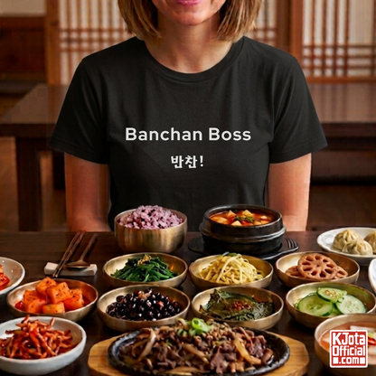 woman wearing “Banchan Boss 반찬!” Korean side dish foodie black t-shirt by K-Jota