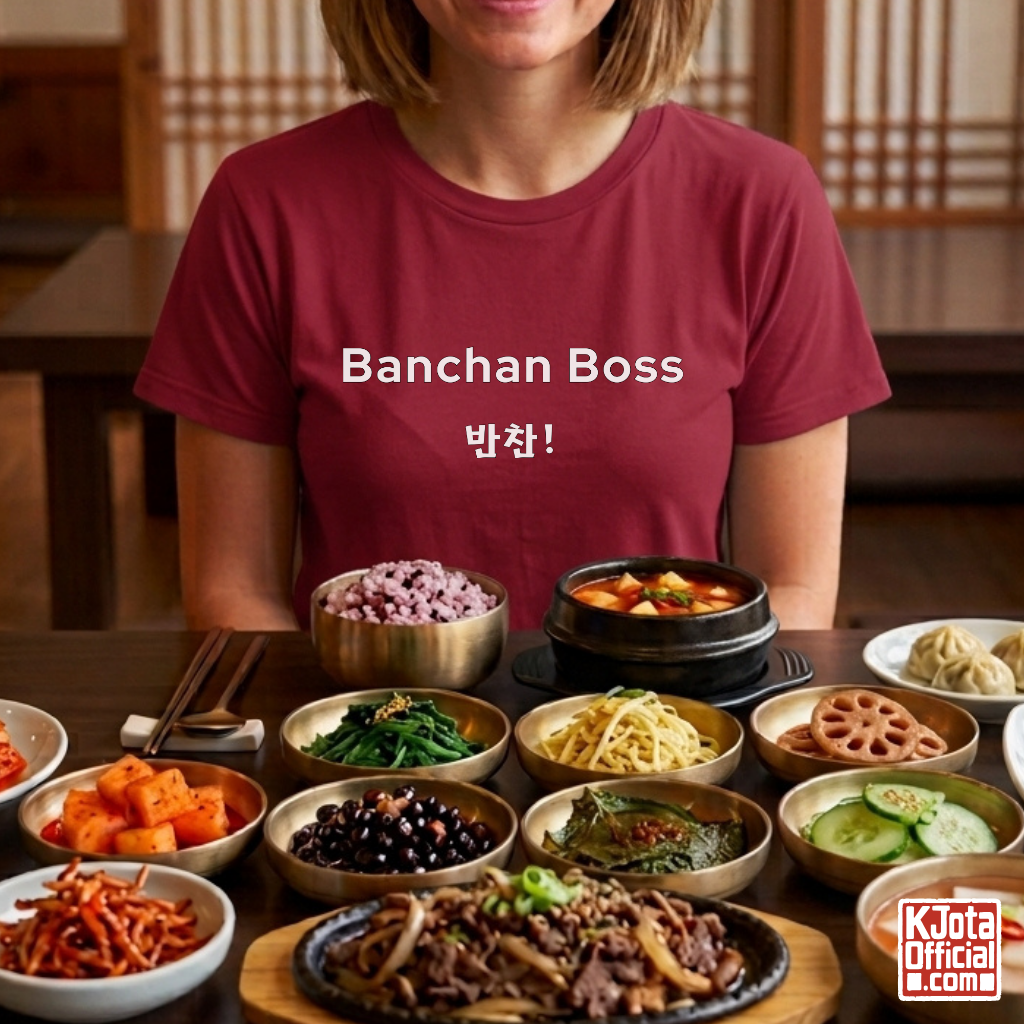 man wearing “Banchan Boss 반찬!” Korean side dish foodie red t-shirt by K-Jota