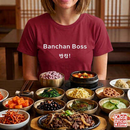 man wearing “Banchan Boss 반찬!” Korean side dish foodie red t-shirt by K-Jota