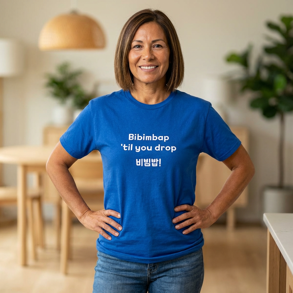 woman wearing Bibimbap ‘til you drop Korean mixed rice bowl K-food fan blue t-shirt by Kjota