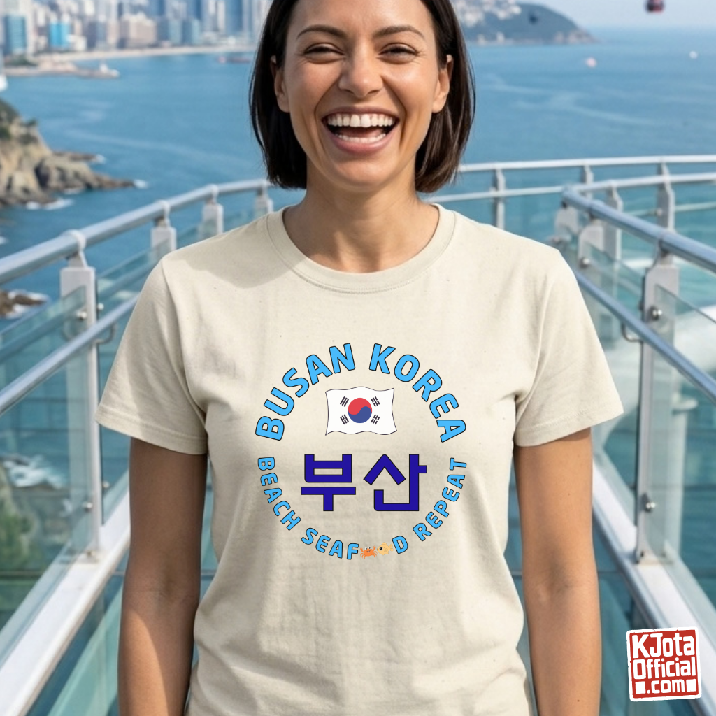 woman wearing Busan Korea 부산 beach seafood repeat travel t-shirt beige by K-Jota