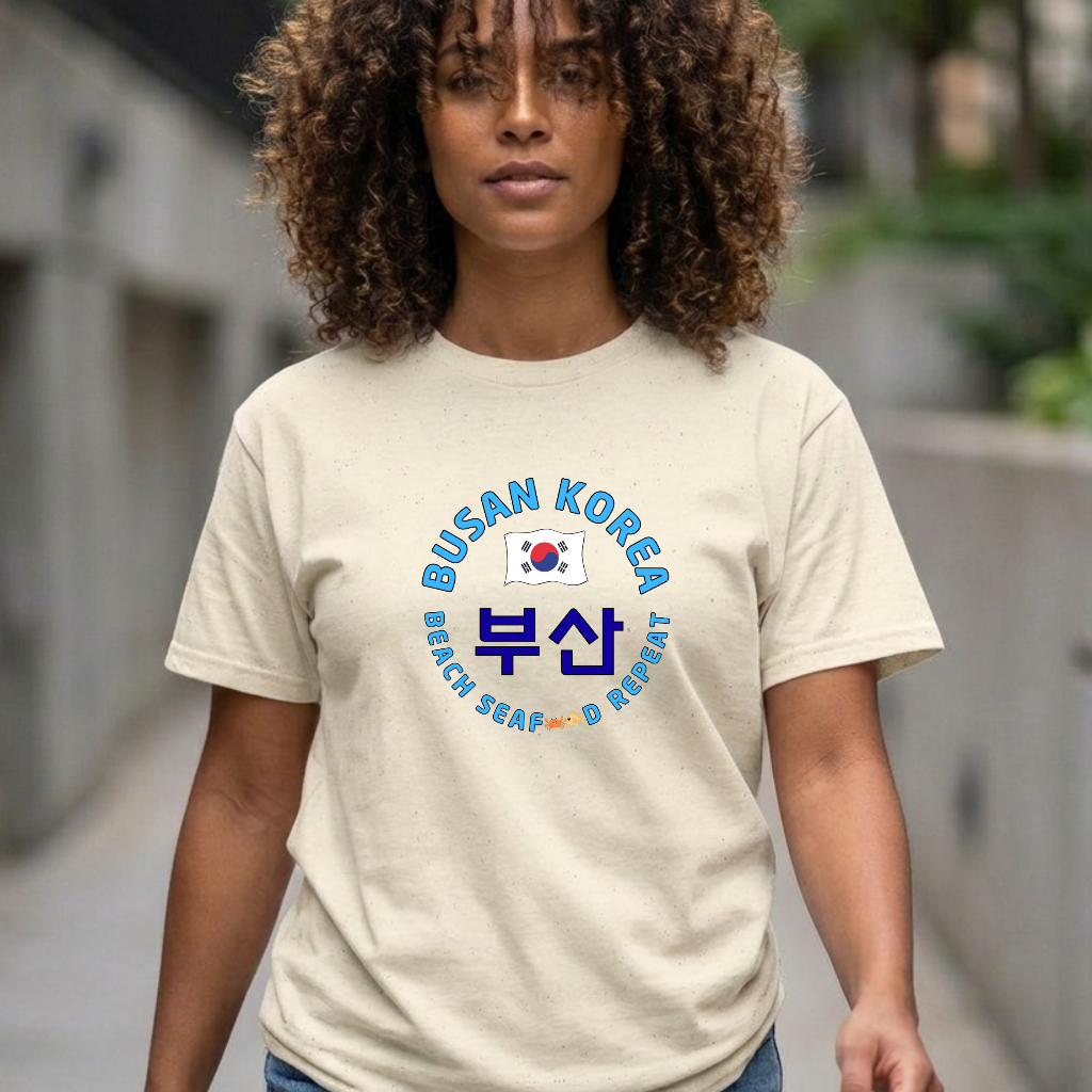 woman wearing Busan Korea beach seafood repeat travel t-shirt beige by K-Jota