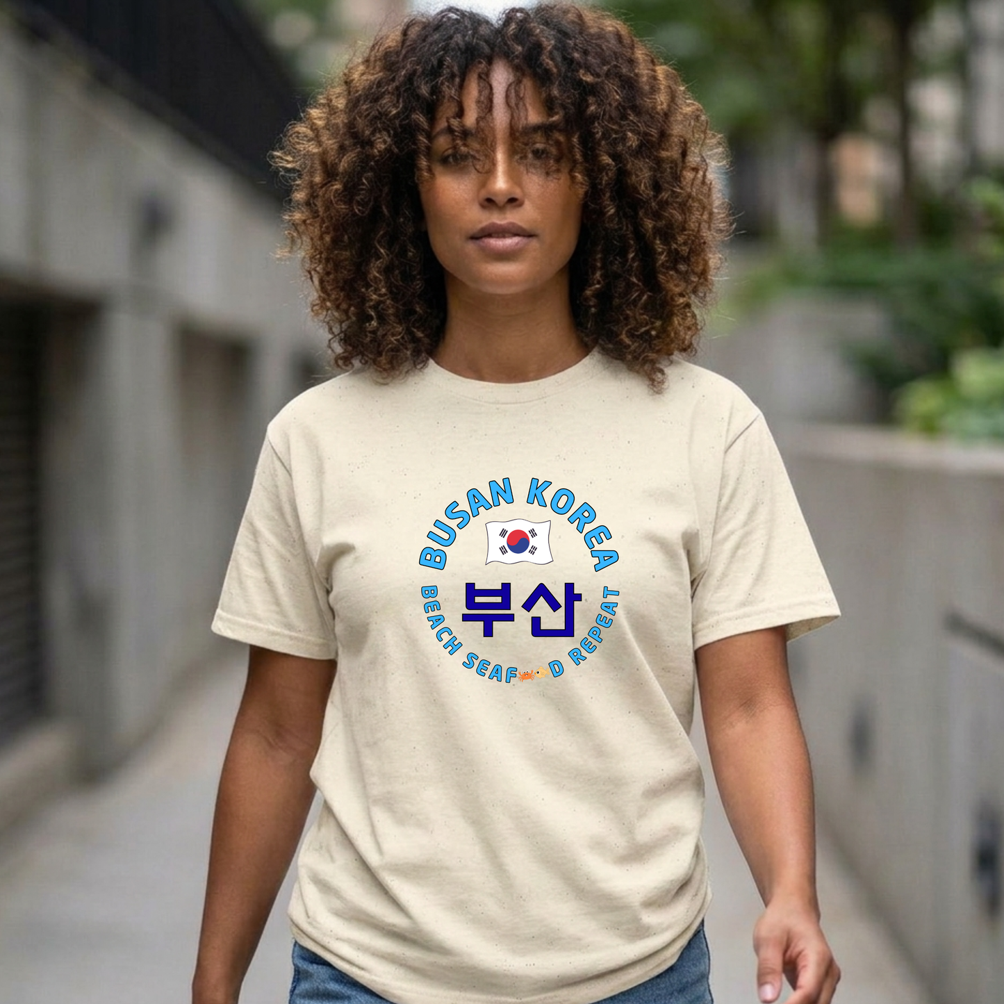 woman wearing Busan Korea beach seafood repeat travel t-shirt beige by Kjota