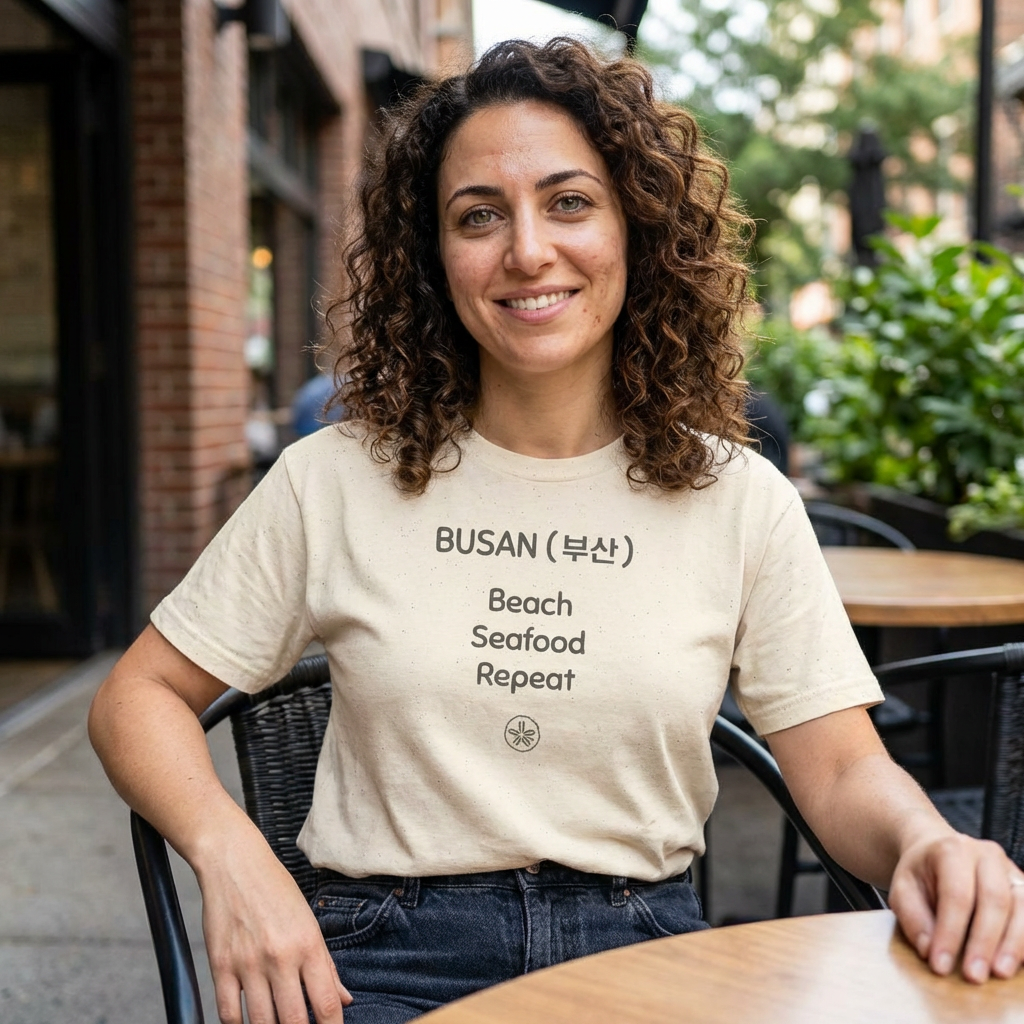 woman wearing Busan Korea beach seafood repeat travel t-shirt beige