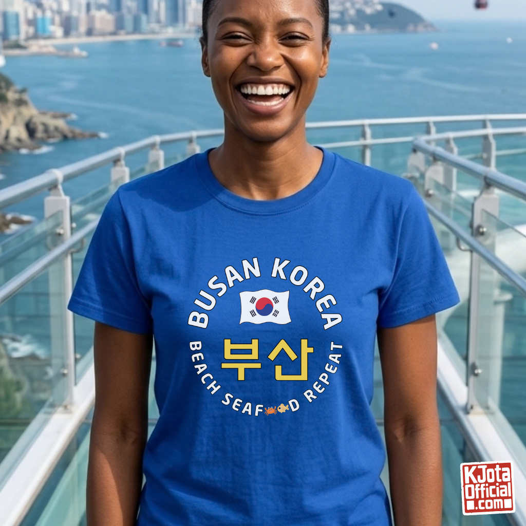 woman wearing Busan Korea 부산 beach seafood repeat travel t-shirt blue by K-Jota