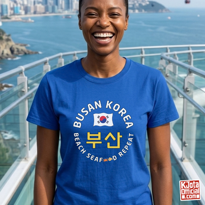 woman wearing Busan Korea 부산 beach seafood repeat travel t-shirt blue by K-Jota