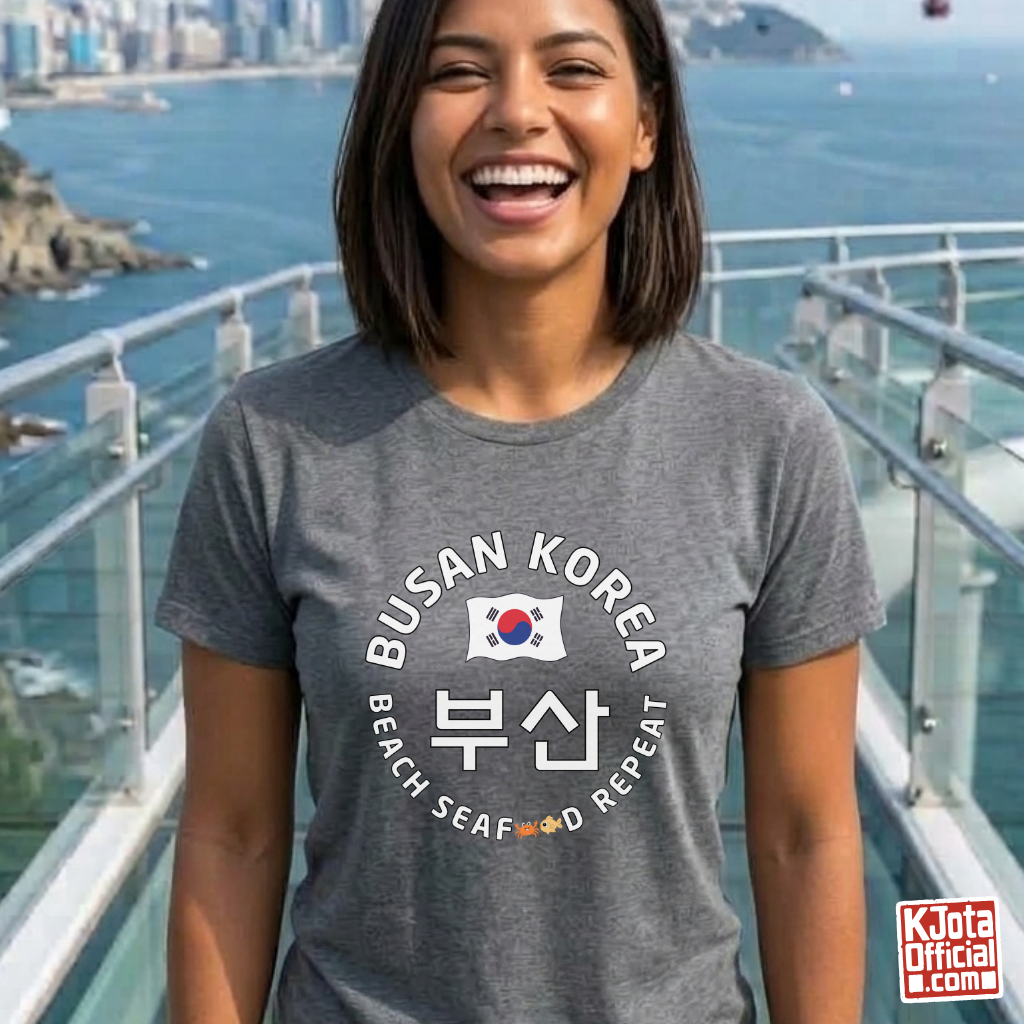 woman wearing Busan Korea 부산 beach seafood repeat travel t-shirt gray by K-Jota
