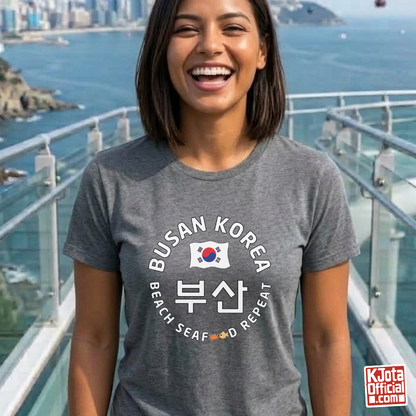 woman wearing Busan Korea 부산 beach seafood repeat travel t-shirt gray by K-Jota