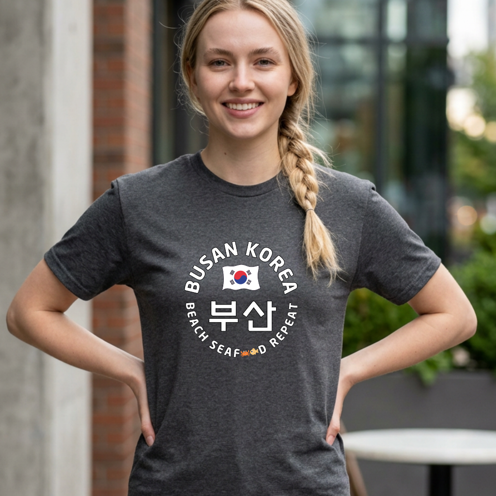 woman wearing Busan Korea beach seafood repeat travel t-shirt gray by K-Jota