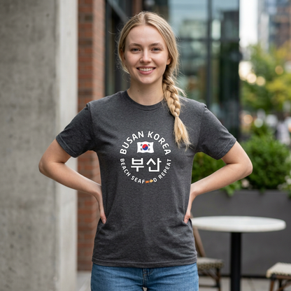 woman wearing Busan Korea beach seafood repeat travel t-shirt gray by Kjota