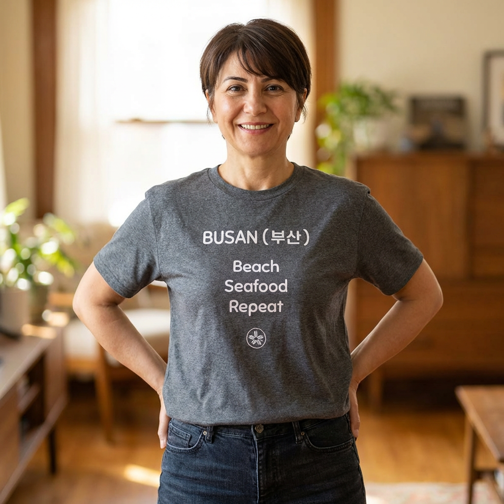 woman wearing Busan Korea beach seafood repeat travel t-shirt gray
