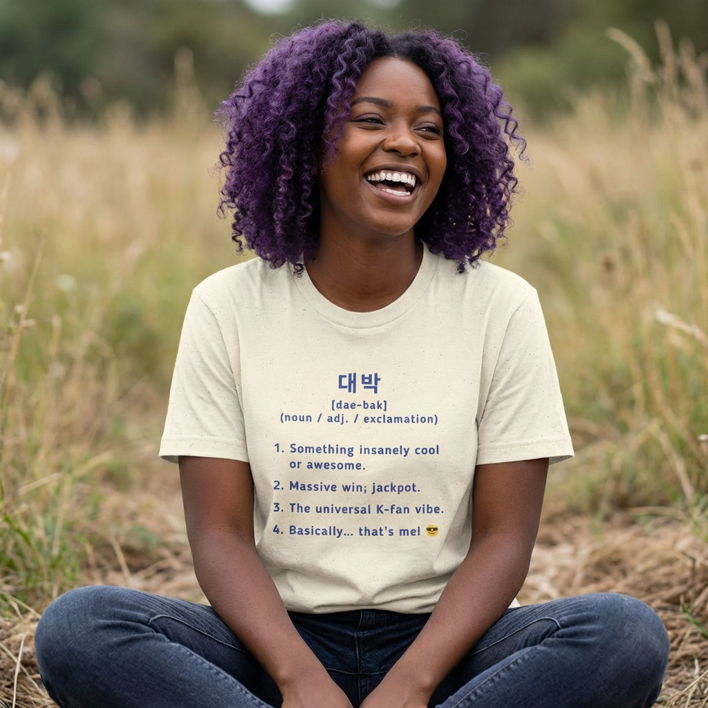 Daebak 대박 Korean slang Hangeul text definition meaning awesome or amazing woman wearing beige t-shirt by Kjota