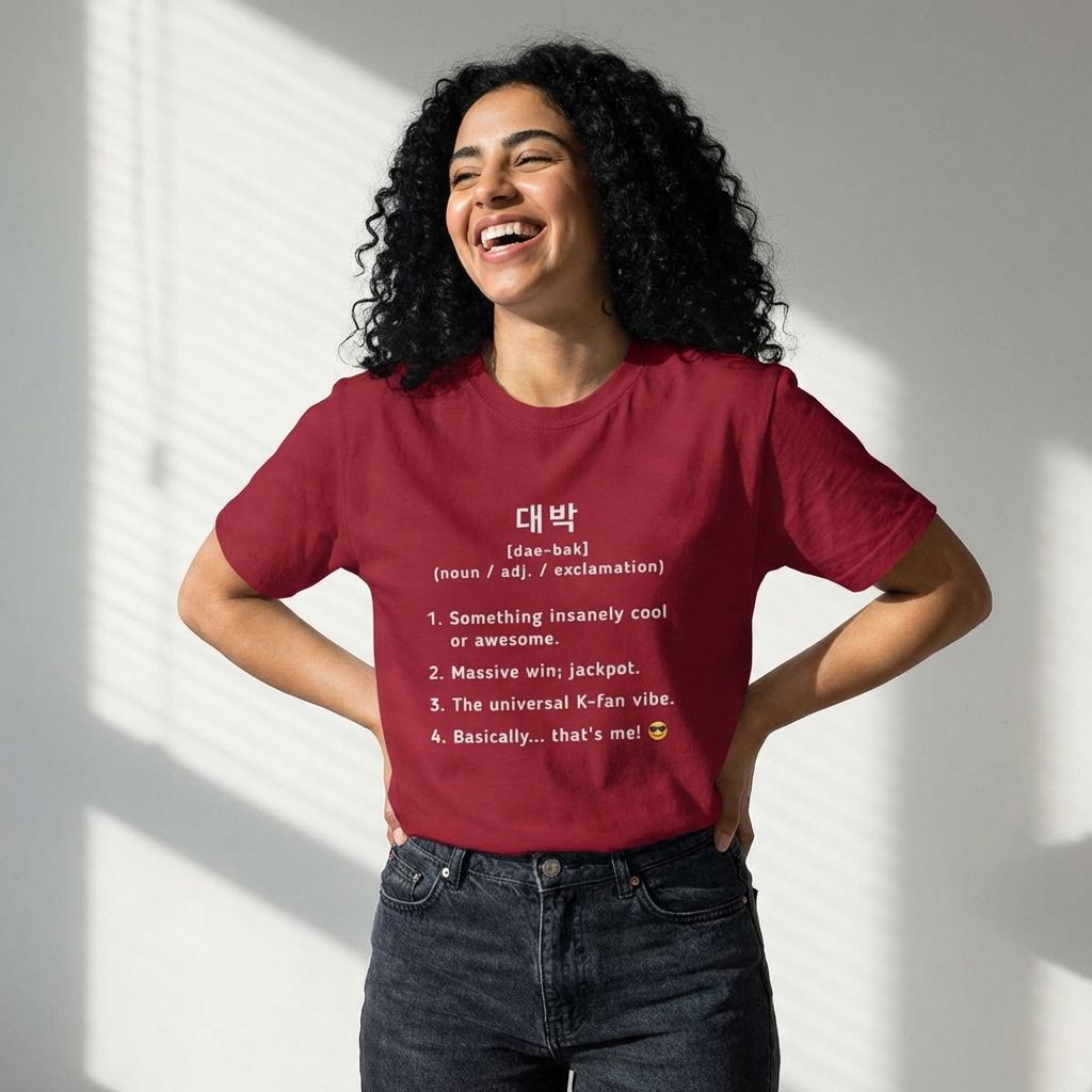 Daebak 대박 Korean slang Hangeul text definition meaning awesome or amazing woman wearing red t-shirt by Kjota