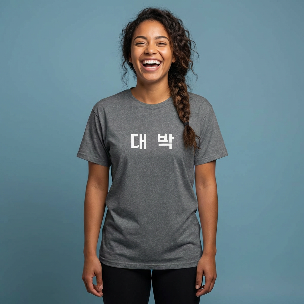 woman wearing Daebak 대박 Korean Hangeul text gray t-shirt by Kjota