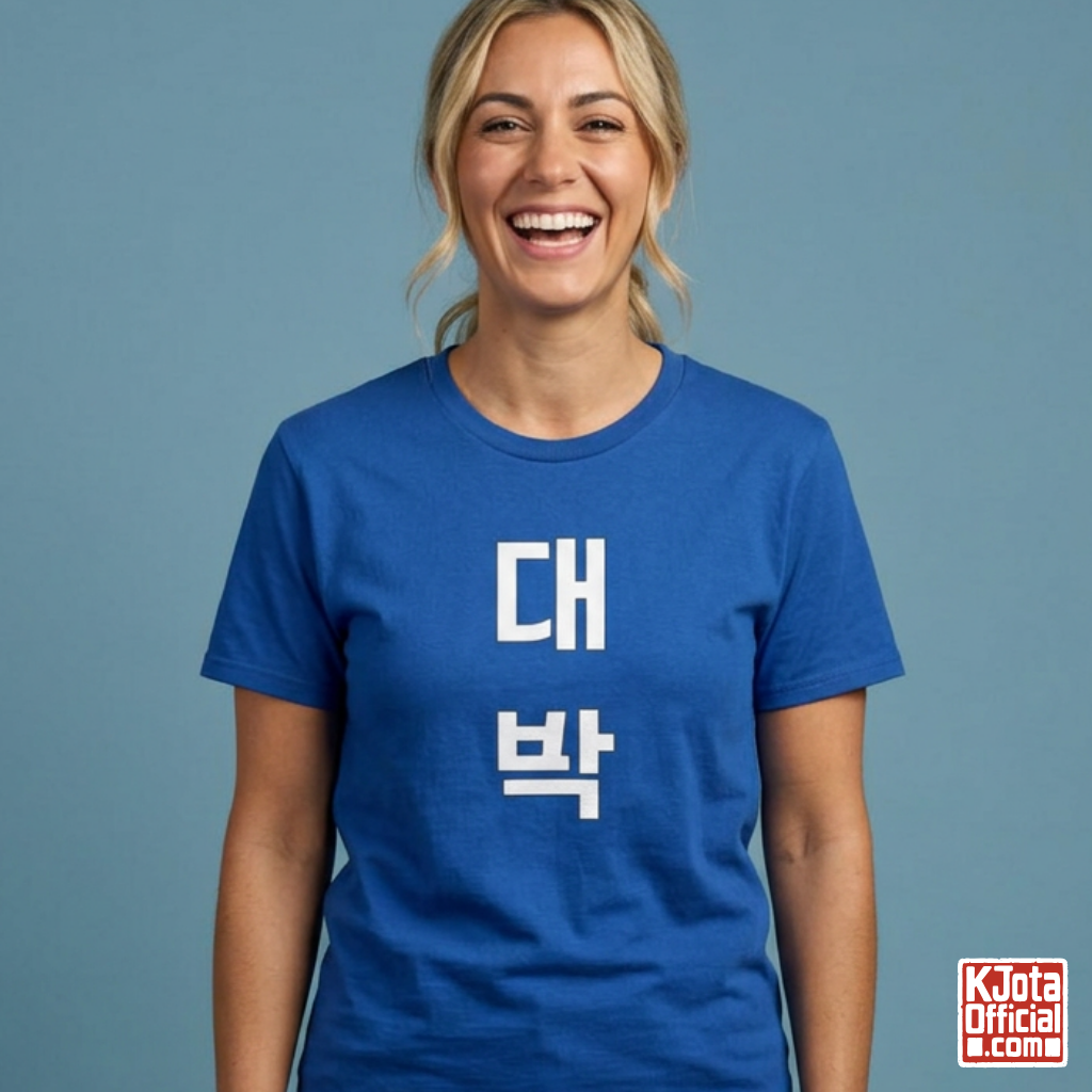 woman wearing a blue t-shirt with “대박” Daebak Korean text printed on front by K-Jota
