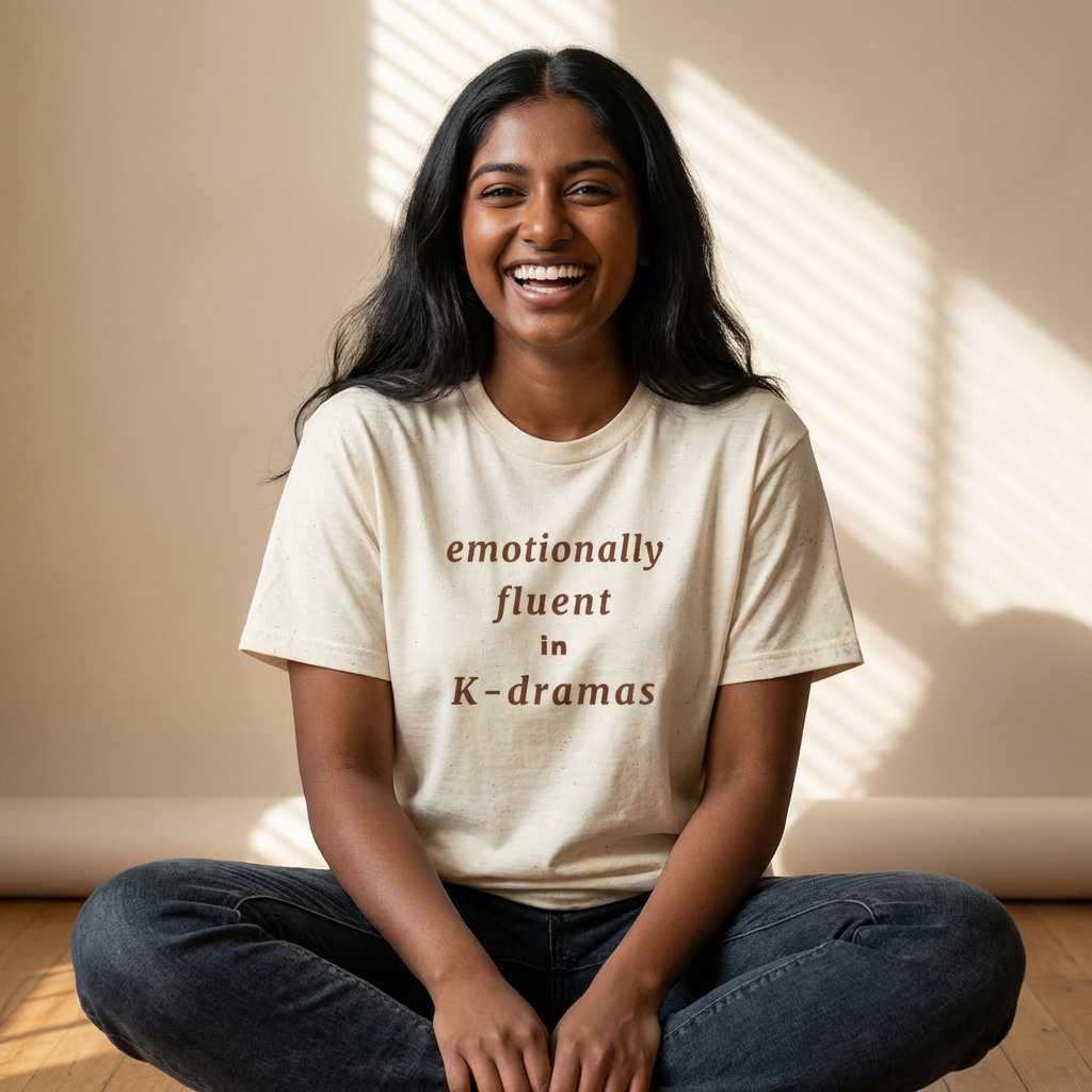 woman wearing emotionally fluent in k-dramas fan t-shirt beige by Kjota