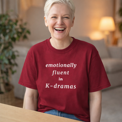 woman wearing emotionally fluent in k-dramas fan t-shirt red by Kjota