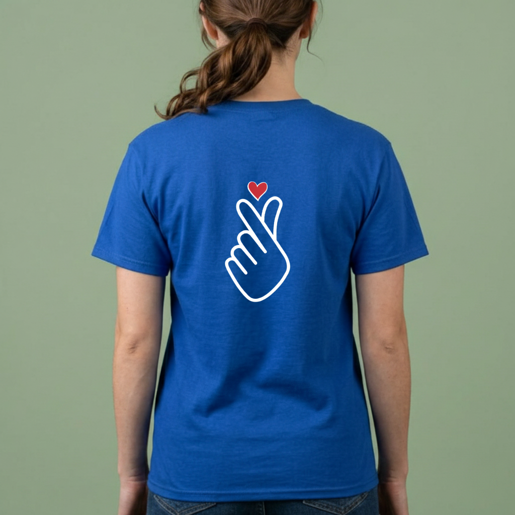 woman wearing finger heart Korean saranghaeyo I love you K-pop Hallyu fan t-shirt backside blue by Kjota