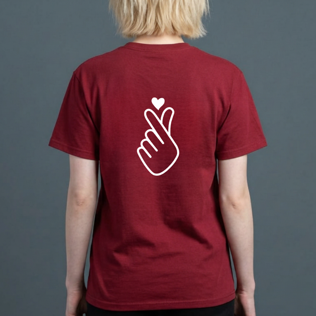 woman wearing finger heart Korean saranghaeyo I love you K-pop Hallyu fan t-shirt backside red by Kjota