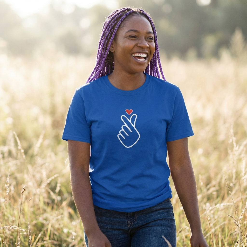 woman wearing finger heart Korean saranghaeyo K-pop fan t-shirt blue by Kjota