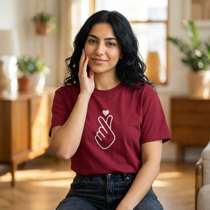 woman wearing finger heart Korean saranghaeyo K-pop fan t-shirt red by Kjota