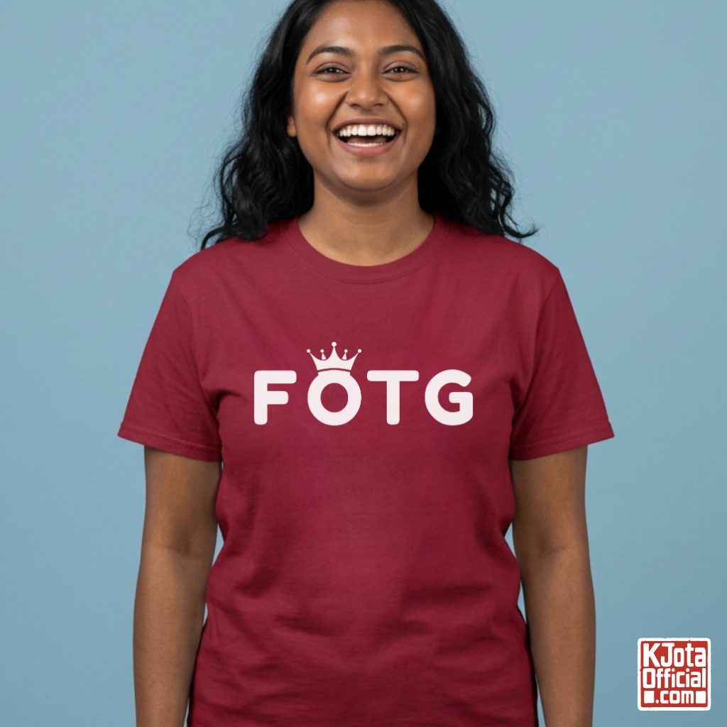 woman wearing FOTG Face of the Group K-Pop idol group member role t-shirt red by K-Jota