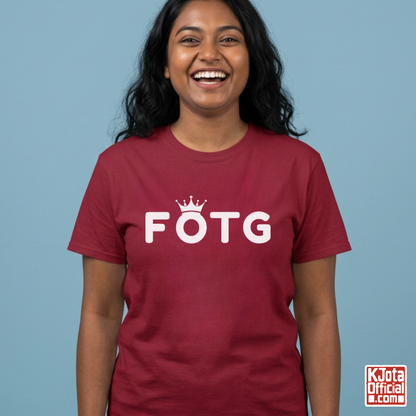 woman wearing FOTG Face of the Group K-Pop idol group member role t-shirt red by K-Jota