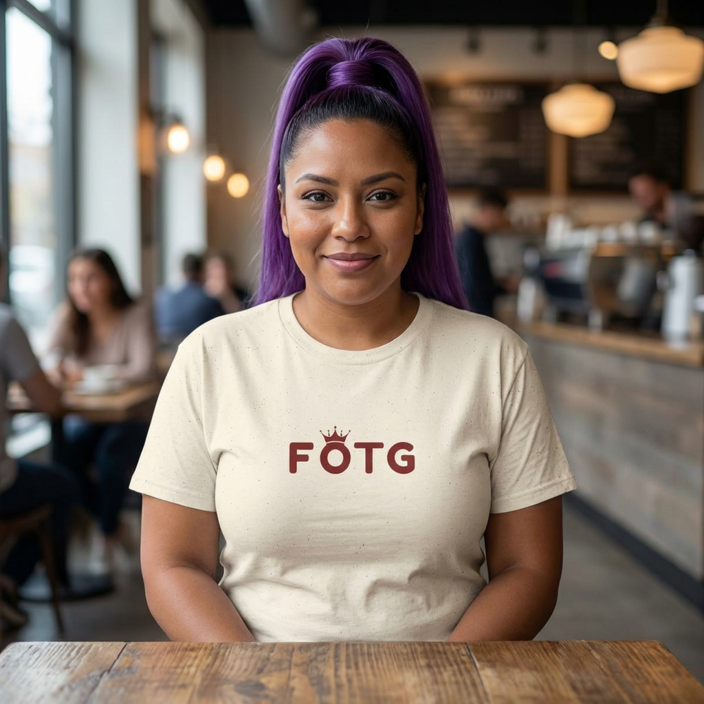 woman wearing FOTG Face of the Group K-Pop fan t-shirt offwhite by Kjota