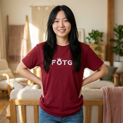 woman wearing FOTG Face of the Group K-Pop fan t-shirt red by Kjota