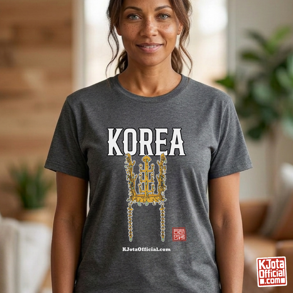woman wearing a gray t-shirt by K-Jota with image of gold crown from Korea’s Silla dynasty printed on the front