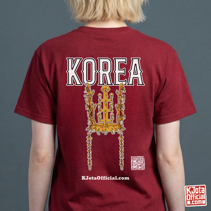 woman wearing a red t-shirt by K-Jota with image of gold crown from Korea’s Silla dynasty printed on the back