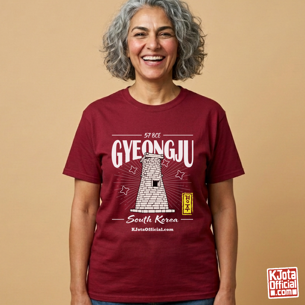 woman wearing a Gyeongju 57 BCE Cheomseongdae observatory design on red T-shirt by K-Jota