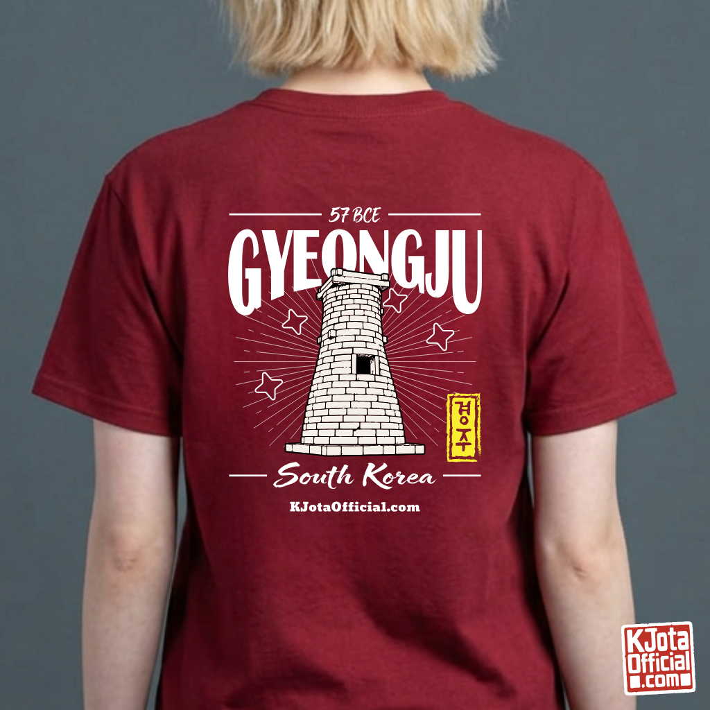 woman wearing a Gyeongju 57 BCE Cheomseongdae observatory design on back of red T-shirt by K-Jota