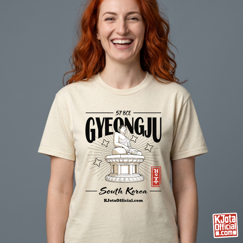 woman wearing Gyeongju 57 BCE South Korea beige t-shirt featuring the historic Seokguram Buddha graphic by K-Jota