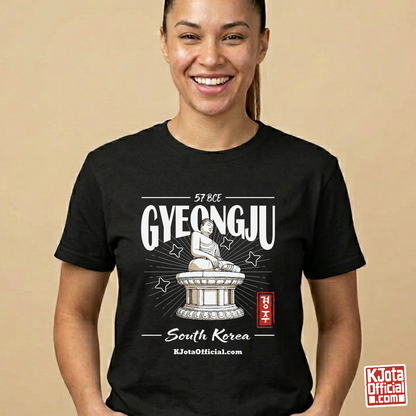 woman wearing Gyeongju 57 BCE South Korea black t-shirt featuring the historic Seokguram Buddha graphic by K-Jota