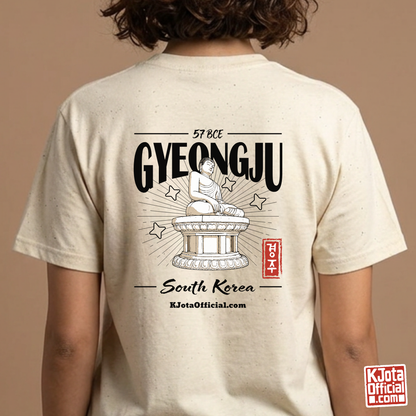 woman wearing Gyeongju 57 BCE South Korea beige t-shirt featuring the historic Seokguram Buddha graphic printed on the back by K-Jota