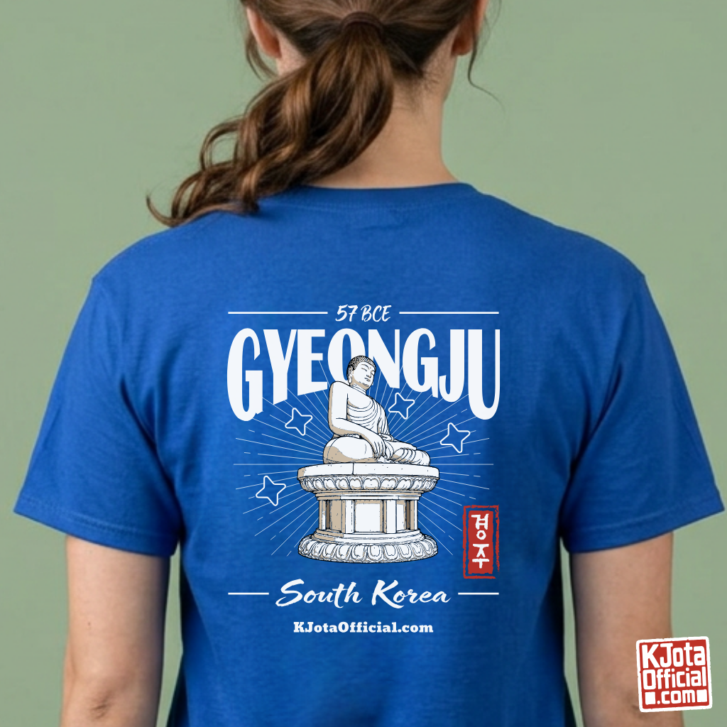 woman wearing Gyeongju 57 BCE South Korea blue t-shirt featuring the historic Seokguram Buddha graphic printed on the back by K-Jota
