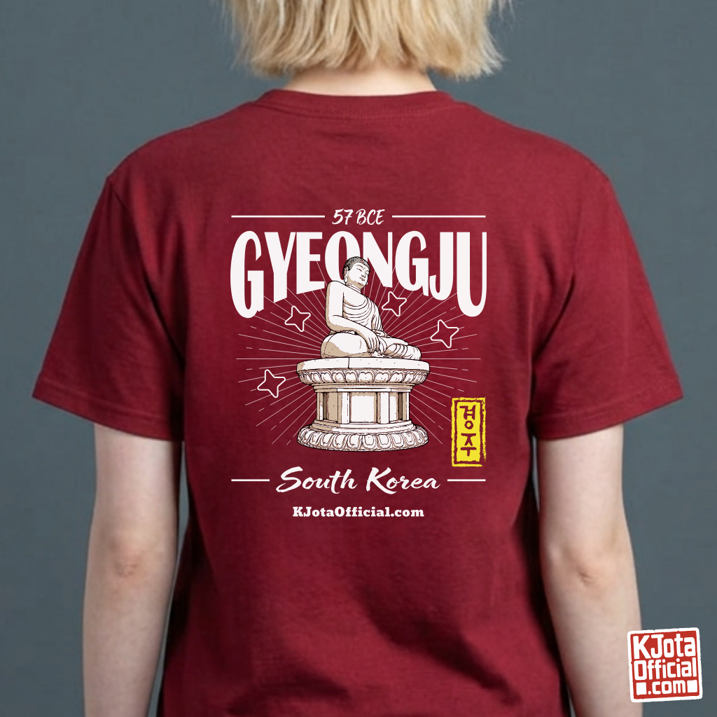 woman wearing Gyeongju 57 BCE South Korea red t-shirt featuring the historic Seokguram Buddha graphic printed on the back by K-Jota