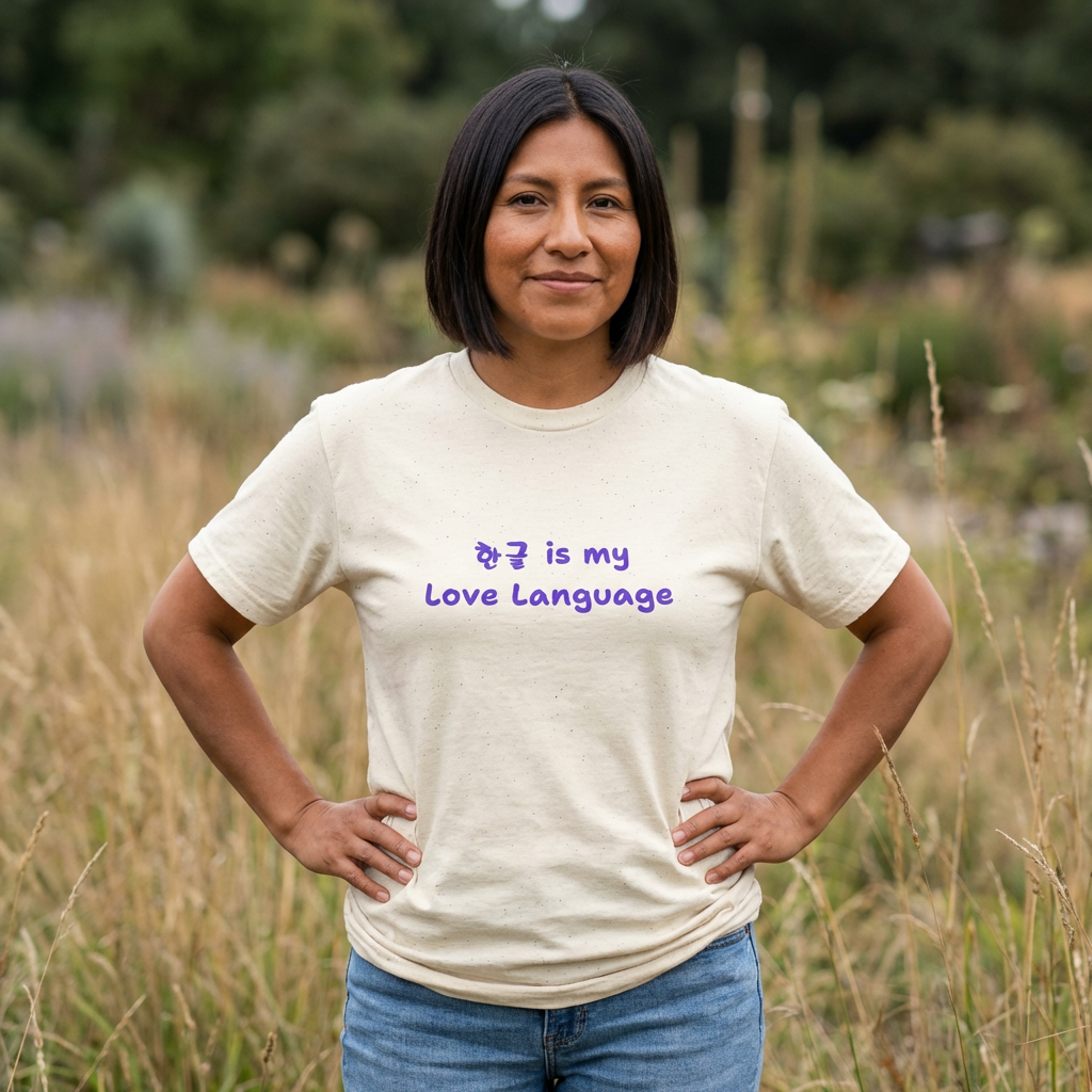 woman wearing “Hangeul 한글 is my Love Language” Hangul Korean language fan beige t-shirt by Kjota