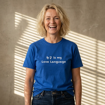 woman wearing “Hangeul 한글 is my Love Language” Hangul Korean language fan blue t-shirt by Kjota