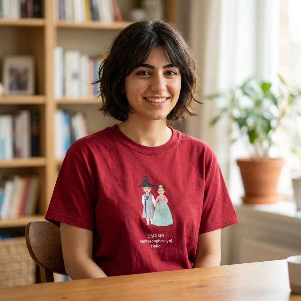 woman wearing Hello annyeonghaseyo Korean greeting in Hangeul on red t-shirt by Kjota