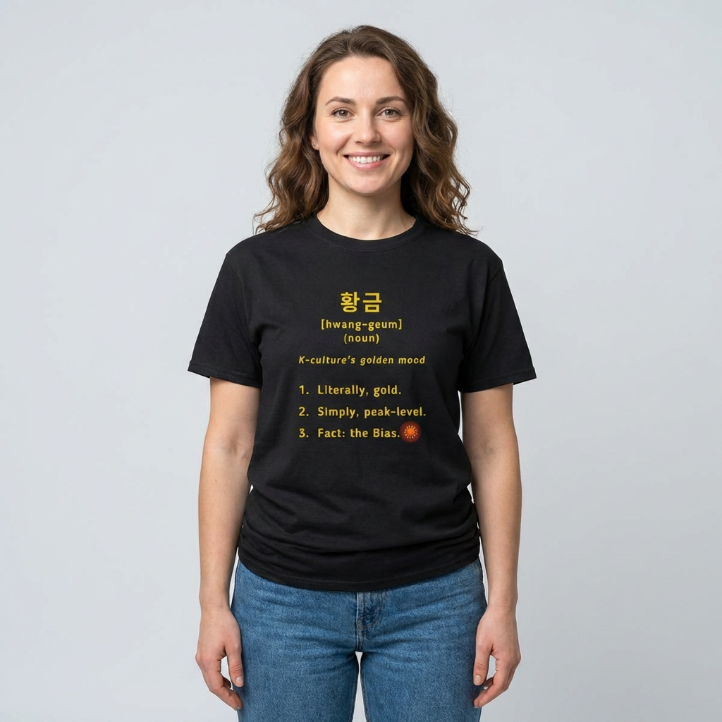 woman wearing Hwanggeum 황금 Korean Hangeul word definition meaning gold or golden on black t-shirt by Kjota
