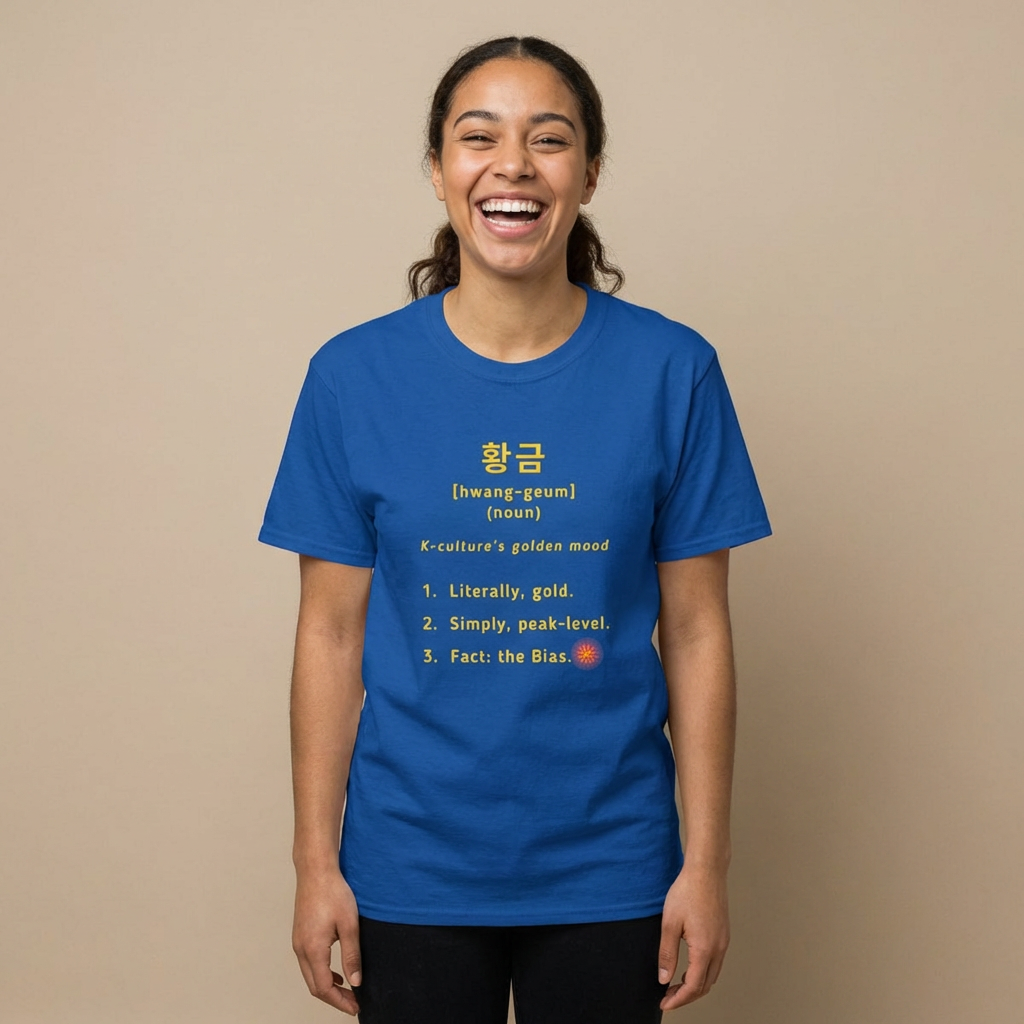 woman wearing Hwanggeum 황금 Korean Hangeul word definition meaning gold or golden on blue t-shirt by Kjota