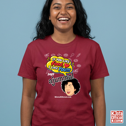 woman wearing red t-shirt with a comic-style yellow speech bubble reading 'If You Like Food, I Like You!!!' above a laughing Korean ajumma illustration and hand-drawn Korean food icons by K-Jota