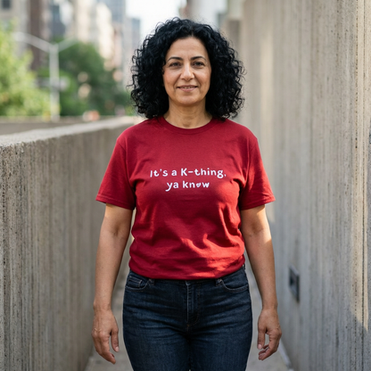 woman wearing It’s a K-thing, Ya Know Korean culture K-wave 한류 fan t-shirt red by Kjota