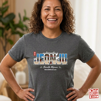 woman wearing Jeonjuseong1 Fortress Pungnammun Gate history graphic with text overlay on gray t-shirt. Korea travel t-shirt handcrafted design by K-Jota