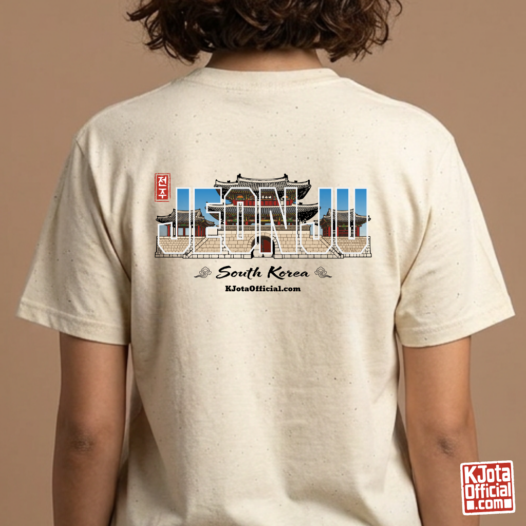 woman wearing Jeonjuseong1 Fortress Pungnammun Gate history graphic with text overlay on backside of beige t-shirt. Korea travel t-shirt handcrafted design by K-Jota