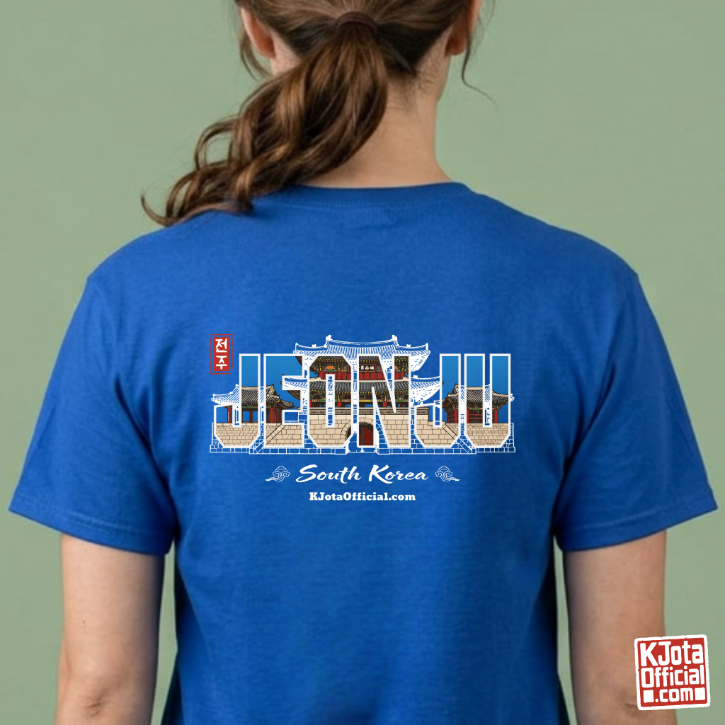 woman wearing Jeonjuseong1 Fortress Pungnammun Gate history graphic with text overlay on backside of blue t-shirt. Korea travel t-shirt handcrafted design by K-Jota