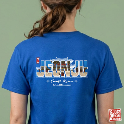 woman wearing Jeonjuseong1 Fortress Pungnammun Gate history graphic with text overlay on backside of blue t-shirt. Korea travel t-shirt handcrafted design by K-Jota