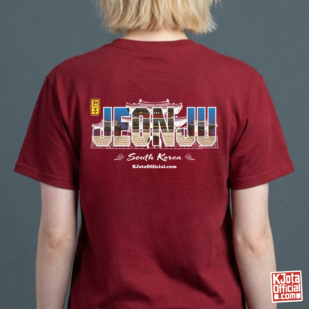 woman wearing Jeonjuseong1 Fortress Pungnammun Gate history graphic with text overlay on backside of red t-shirt. Korea travel t-shirt handcrafted design by K-Jota